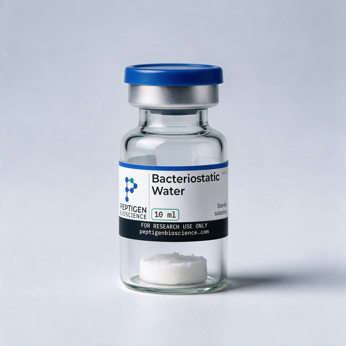 Bacteriostatic Water 10 ml, 10 ml glass vial with Peptigen Bioscience label