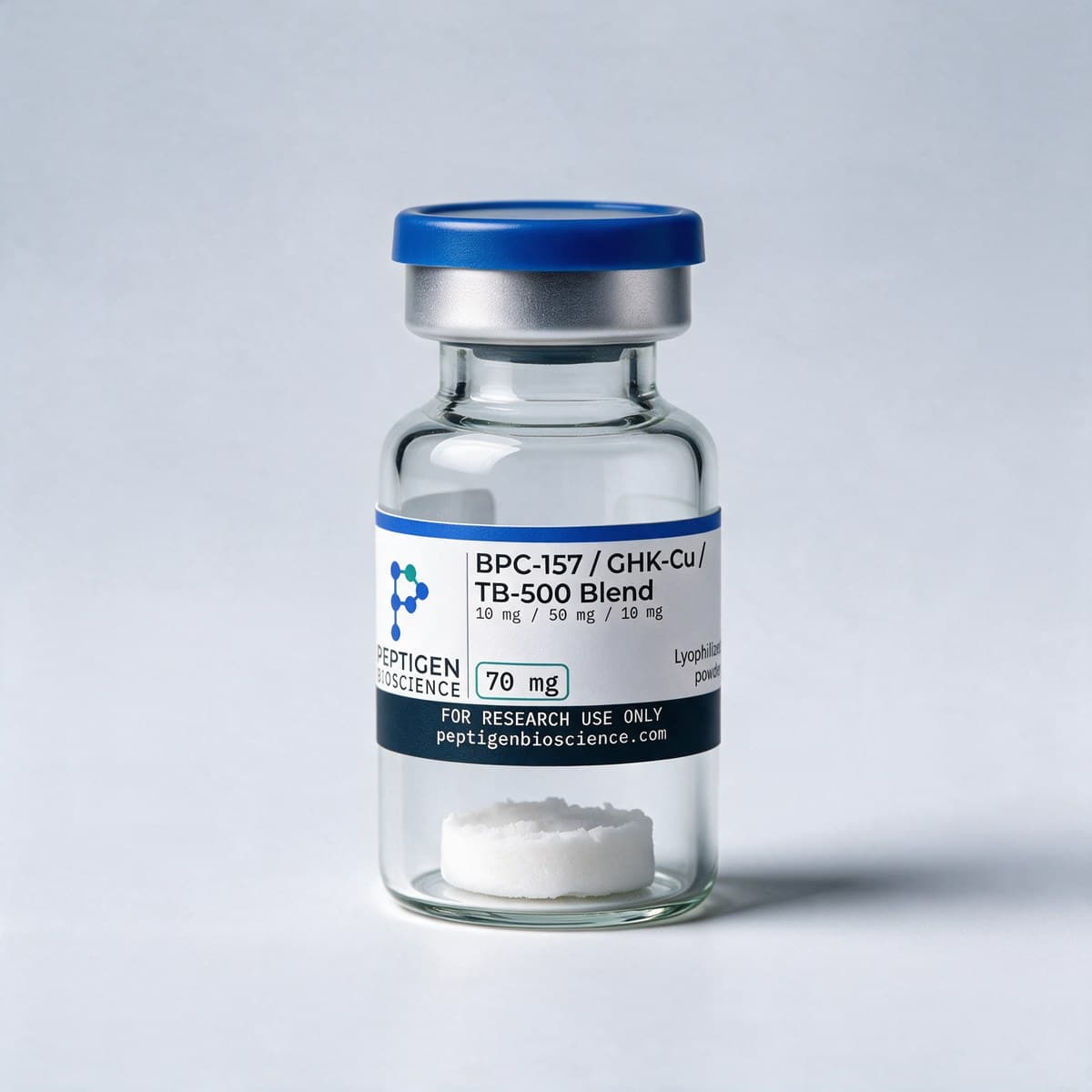 BPC-157 / GHK-Cu / TB-500 Blend 70 mg, 10 ml glass vial with Peptigen Bioscience label