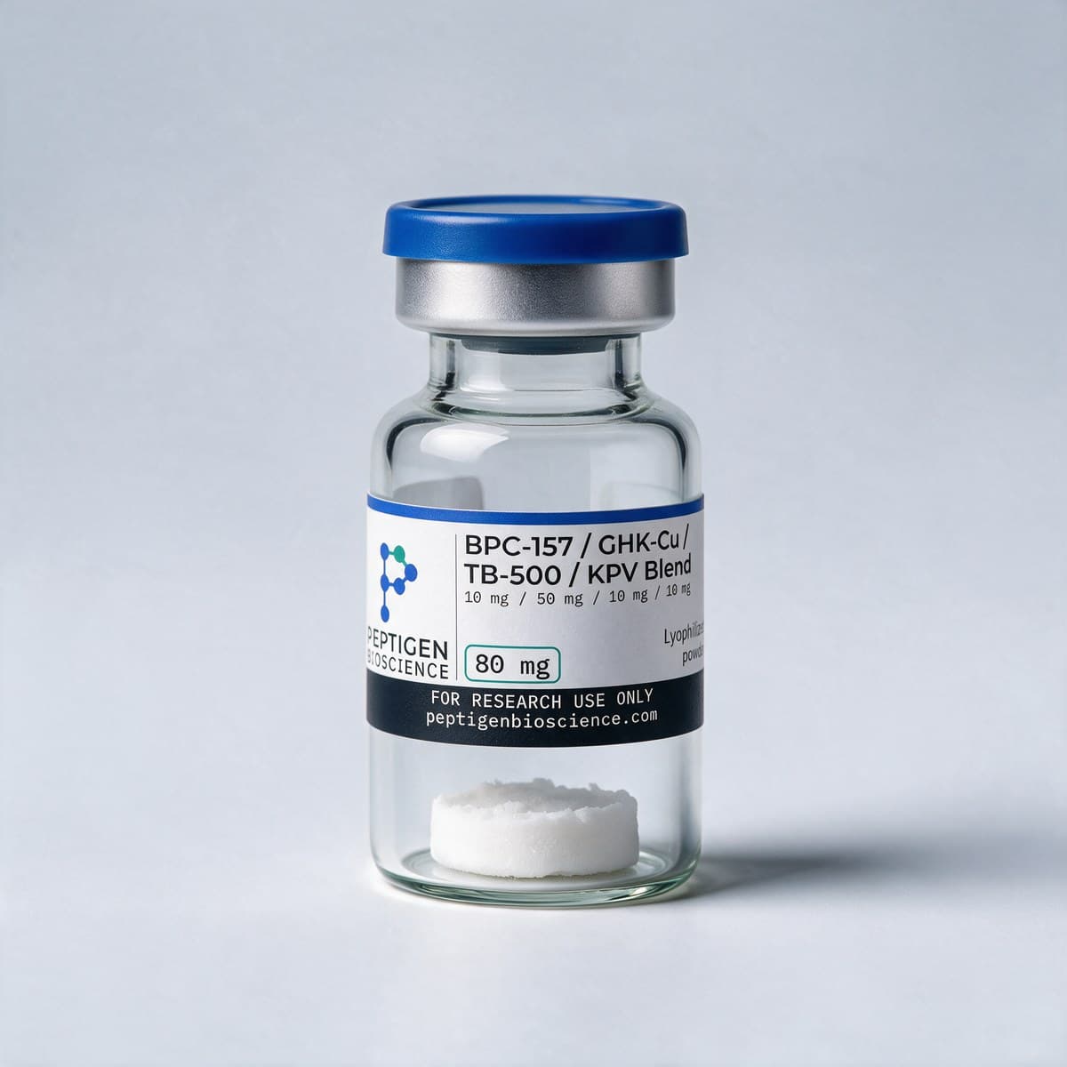 BPC-157 / GHK-Cu / TB-500 / KPV Blend 80 mg, 10 ml glass vial with Peptigen Bioscience label
