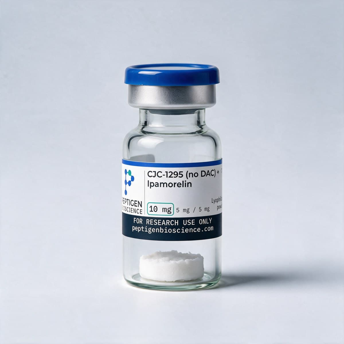 CJC-1295 (no DAC) + Ipamorelin 10 mg, 3 ml glass vial with Peptigen Bioscience label