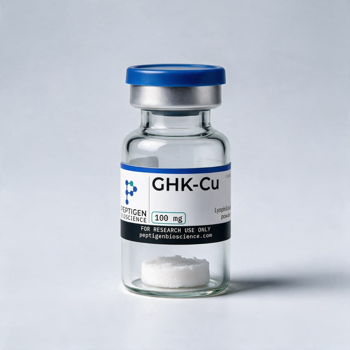 GHK-Cu 100 mg, 10 ml glass vial with Peptigen Bioscience label