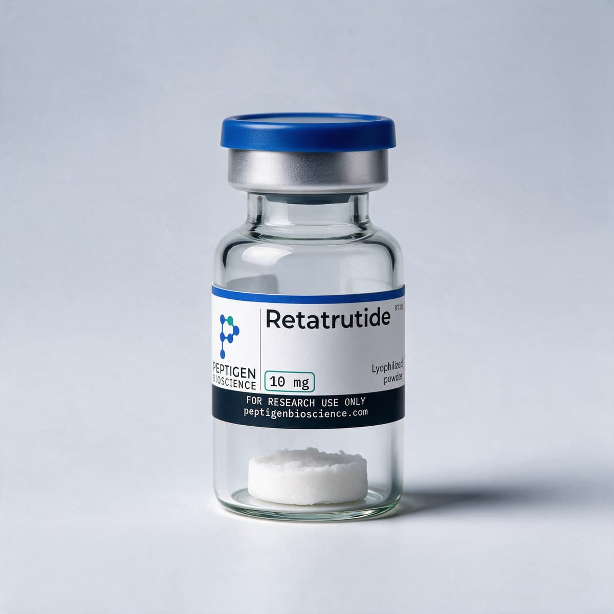 Retatrutide 10 mg, 10 ml glass vial with Peptigen Bioscience label