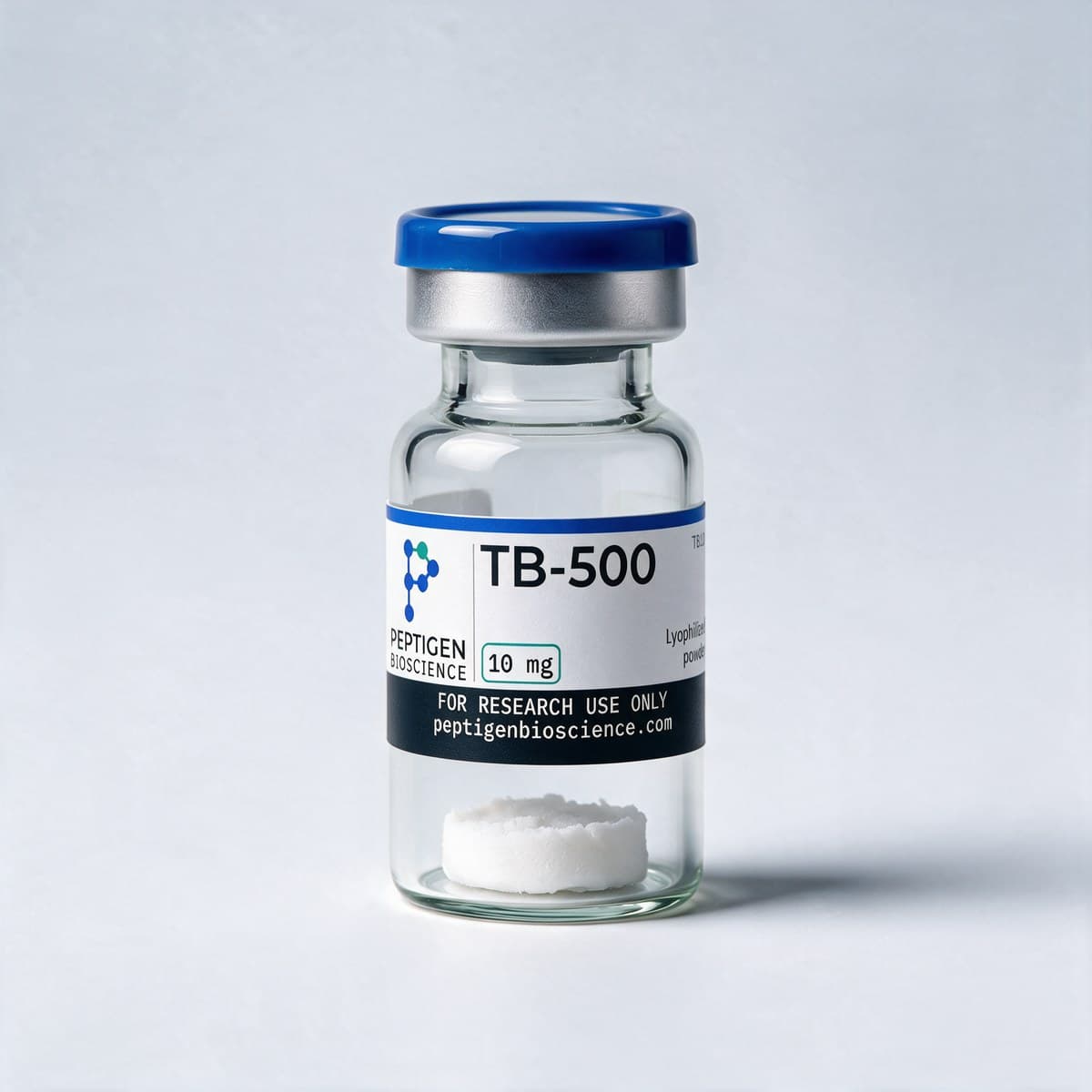 TB-500 10 mg, 3 ml glass vial with Peptigen Bioscience label