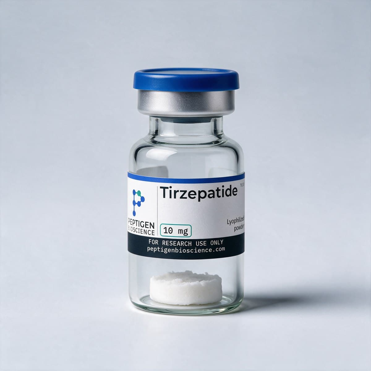 Tirzepatide 10 mg, 10 ml glass vial with Peptigen Bioscience label